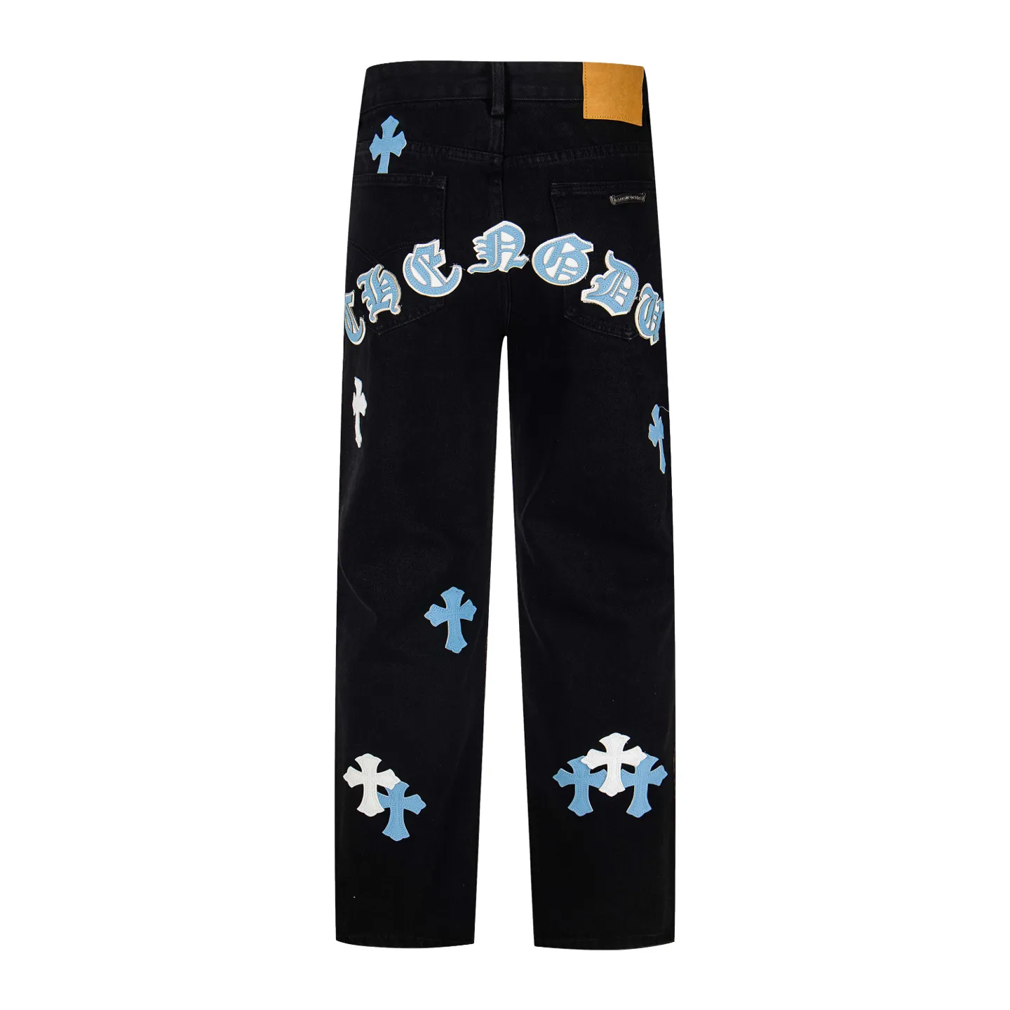 P260 Chrome Hearts Black Pants, Sanskrit Blue and White Multi-Leather Jeans. CH jeans need to be washed and then disassembled and hand-stitched with sheepskin cross leather and then spliced ​​together. The whole piece has too many craftsmanship to explain. The patchwork is decorated with cross patterns and the high-waisted washed jeans! ! Absolutely high-end luxury products, god-level single products and super popular products, made with top heavy industry, a must-see magic weapon. Customized hardware. The fabric is thick and soft after washing. It has good breathability. Customized small leather label. Unique design. The details are simple and elegant, and the workmanship is exquisite. The entire trousers are neatly routed and the details are in place! It’s so cool that both men and women can easily control the genderless trend! Style number: 1801# Color: black Size: 28 30 32 34